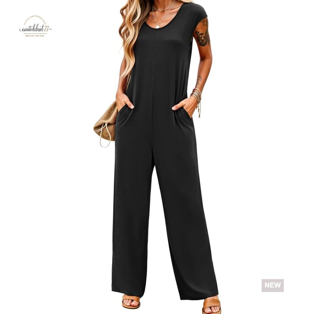 Large Wide Leg Jumpsuit with Pockets, Cap Sleeve, Polyester Blend - Picture 1 of 7